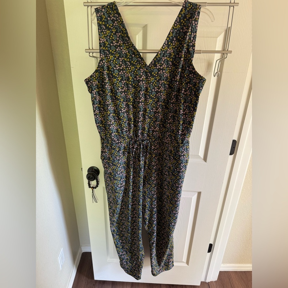 Toad&Co Navy Floral Crusher Jumpsuit with Blue, Yellow and Pink Ditsy Print